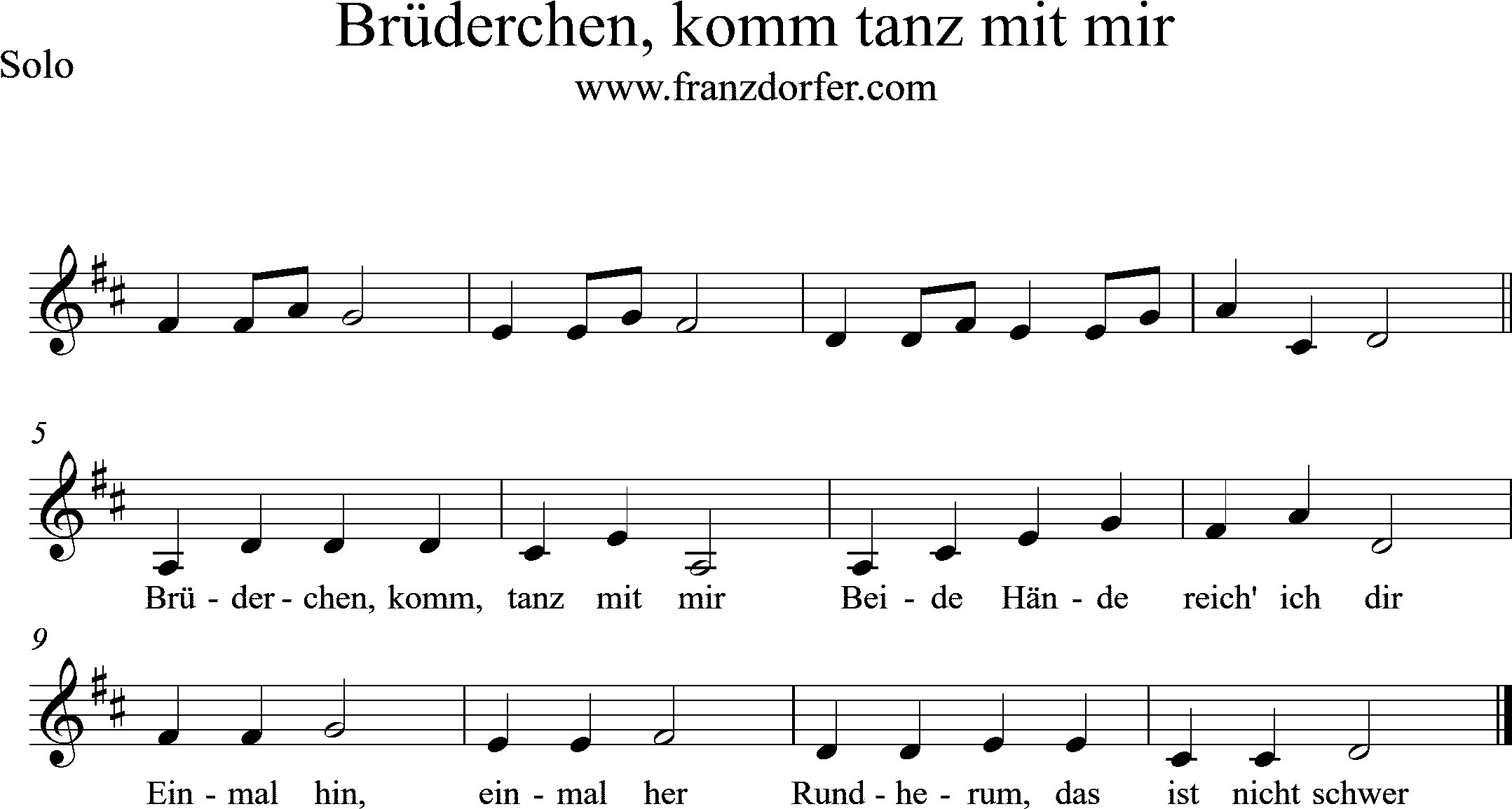 Noten Brüderchen komm, Klarinette, D-Dur